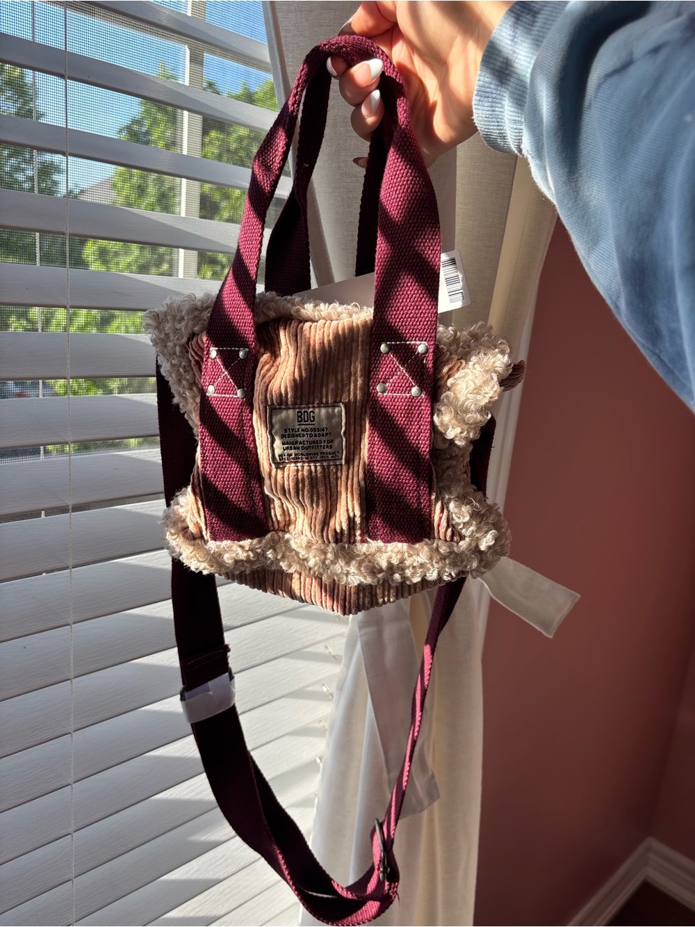 Burgundy & Blush Faux-Shearling Mini Tote Bag